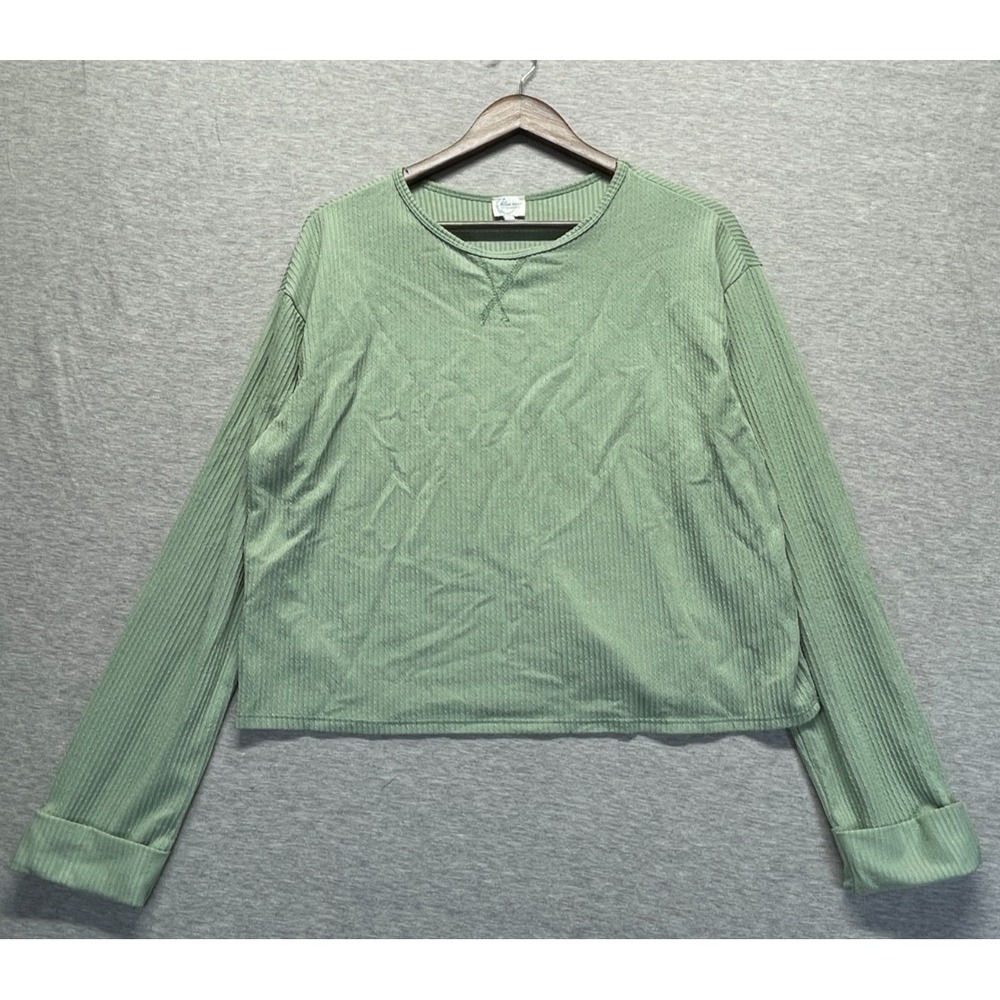 Blue Rain By Francesca's Crop Shirt Top Womens L Sage Green Texture Folded Cuffs